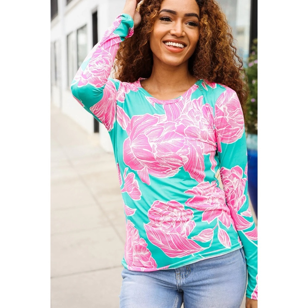 HAPTICS Preppy Love Aqua/Pink Fitted Floral Print Top Long Sleeve MEDIUM - Picture 3 of 4